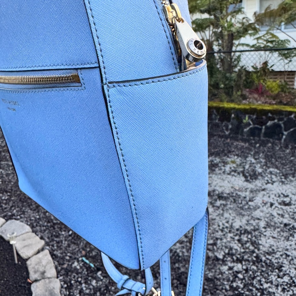 Henri Bendel Blue Saffiano Leather Backpack Gold Hardware - Picture 10 of 14